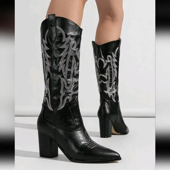 Women Knee-High Boots With Embroidery, Western Pointed Toe Thick Heel Ankle Boot