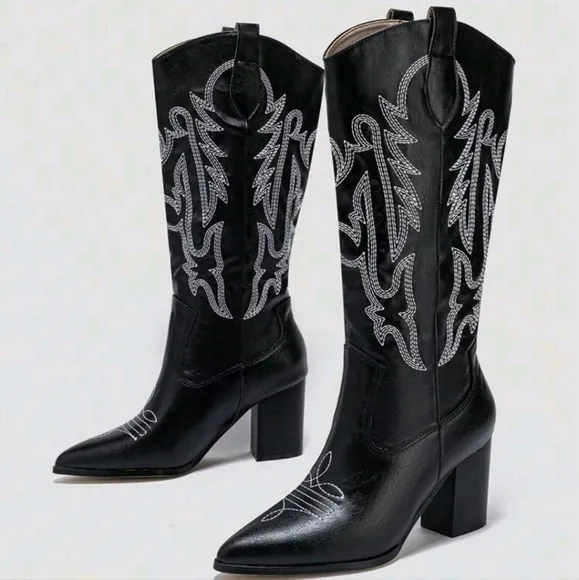 Women Knee-High Boots With Embroidery, Western Pointed Toe Thick Heel Ankle Boot