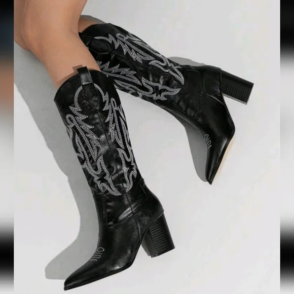 Women Knee-High Boots With Embroidery, Western Pointed Toe Thick Heel Ankle Boot