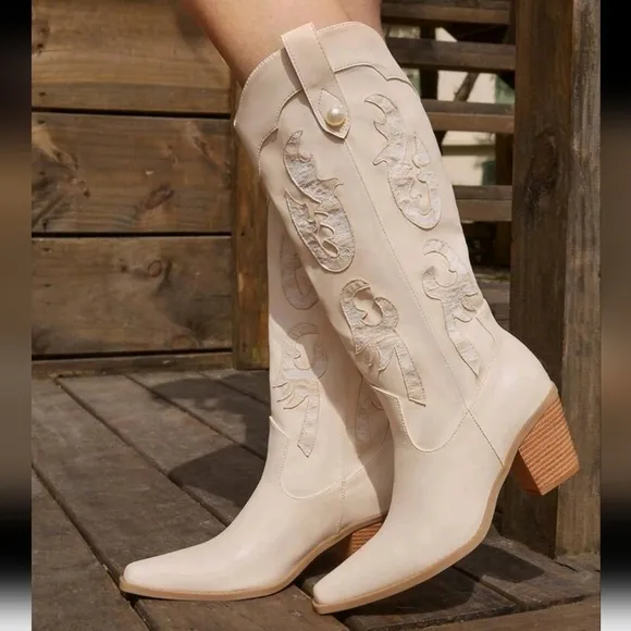 Women Pointed Toe Block Heel Slip-On Embroidered Western Boots,Apricot Mid-Calf