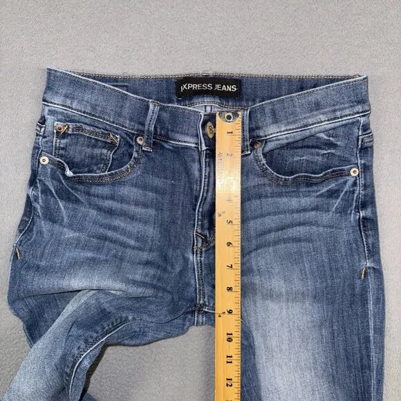 Women's Blue Mid-Rise Skinny Stretch Denim Cotton Blend Leggings