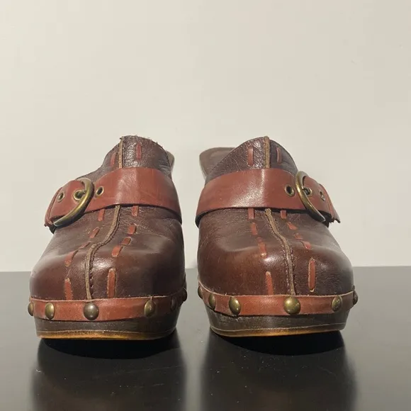 Womens Brazilian platform high heeled leather clog buckle rivets closed toe