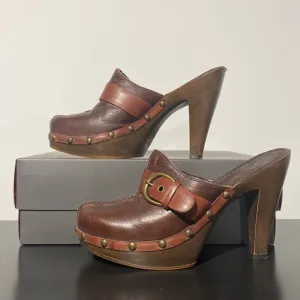 Womens Brazilian platform high heeled leather clog buckle rivets closed toe