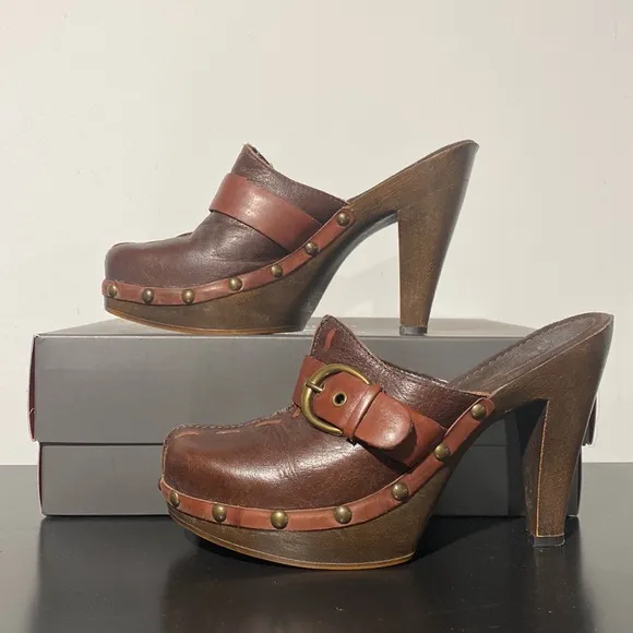 Womens Brazilian platform high heeled leather clog buckle rivets closed toe