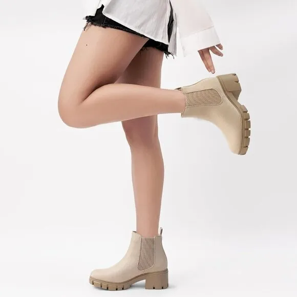 Women's Chelsea Ankle Boots Beige Suede Chunky Heel Lug Sole Elastic Slip on