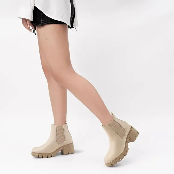Women's Chelsea Ankle Boots Beige Suede Chunky Heel Lug Sole Elastic Slip on
