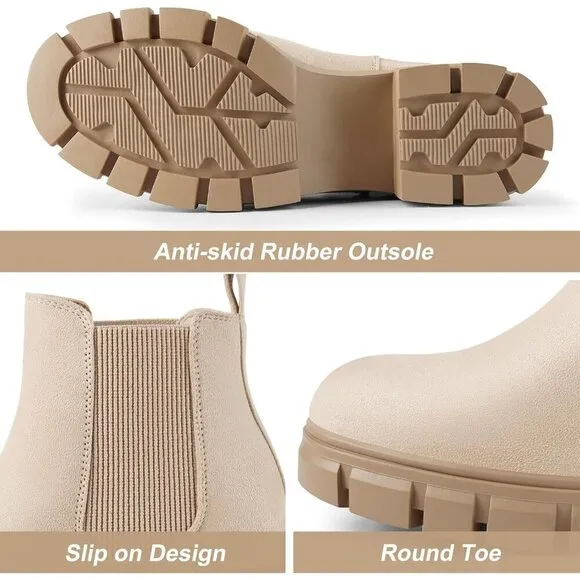 Women's Chelsea Ankle Boots Beige Suede Chunky Heel Lug Sole Elastic Slip on