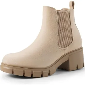 Women's Chelsea Ankle Boots Beige Suede Chunky Heel Lug Sole Elastic Slip on
