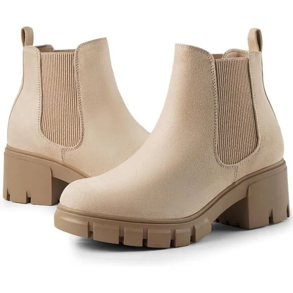 Women's Chelsea Ankle Boots Beige Suede Chunky Heel Lug Sole Elastic Slip on