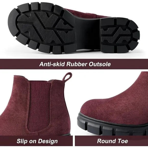 Women's Chelsea Ankle Boots Wine Red Suede Chunky Heel Lug Sole Elastic Slip on