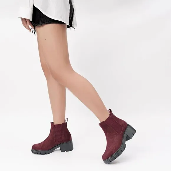 Women's Chelsea Ankle Boots Wine Red Suede Chunky Heel Lug Sole Elastic Slip on