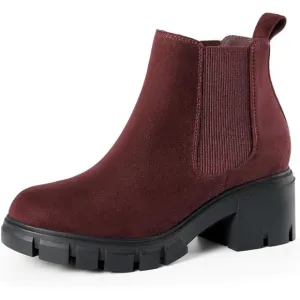Women's Chelsea Ankle Boots Wine Red Suede Chunky Heel Lug Sole Elastic Slip on