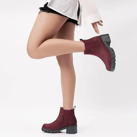 Women's Chelsea Ankle Boots Wine Red Suede Chunky Heel Lug Sole Elastic Slip on