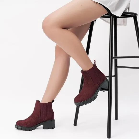 Women's Chelsea Ankle Boots Wine Red Suede Chunky Heel Lug Sole Elastic Slip on