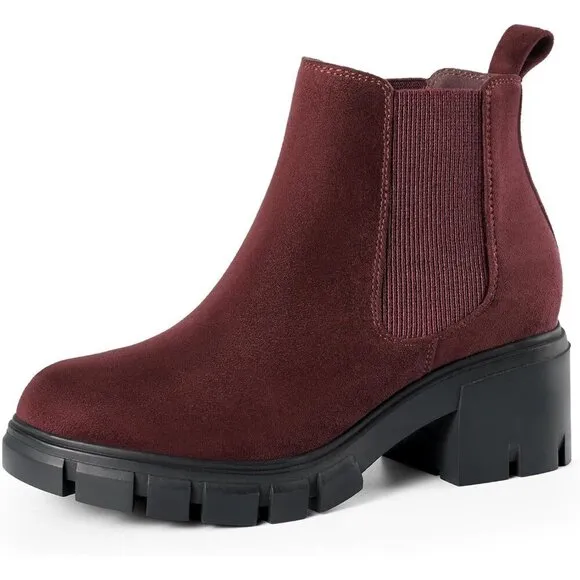 Women's Chelsea Ankle Boots Wine Red Suede Chunky Heel Lug Sole Elastic Slip on