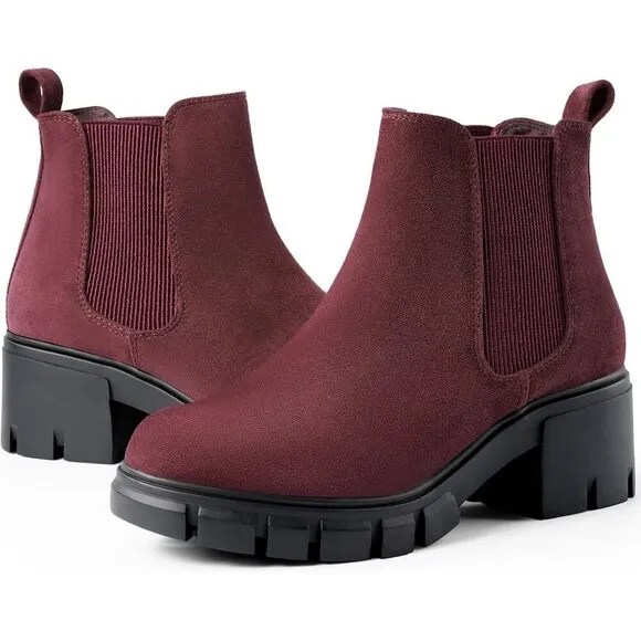 Women's Chelsea Ankle Boots Wine Red Suede Chunky Heel Lug Sole Elastic Slip on