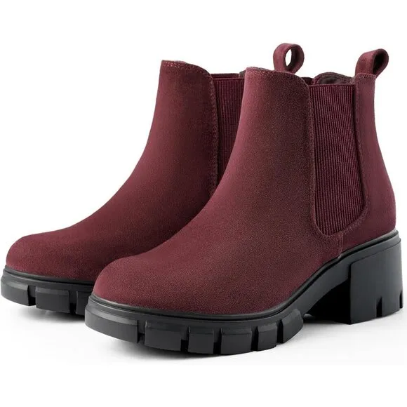Women's Chelsea Ankle Boots Wine Red Suede Chunky Heel Lug Sole Elastic Slip on