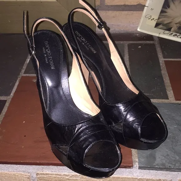 Women's Leather Platform Sergio Rossi Slingback Pumps Size 39/8 Made in Italy