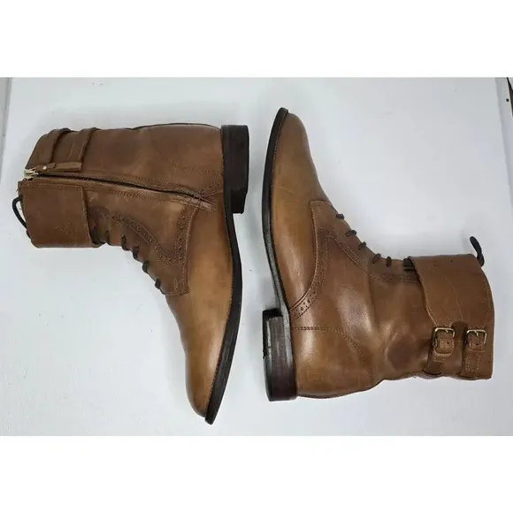 Women's Massimo Dutti Tan leather Combat Moto Boots Buckles US 10 Euro 41