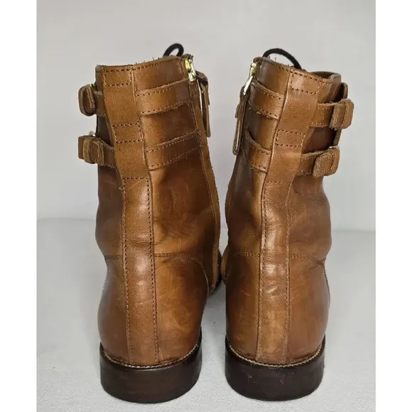 Women's Massimo Dutti Tan leather Combat Moto Boots Buckles US 10 Euro 41
