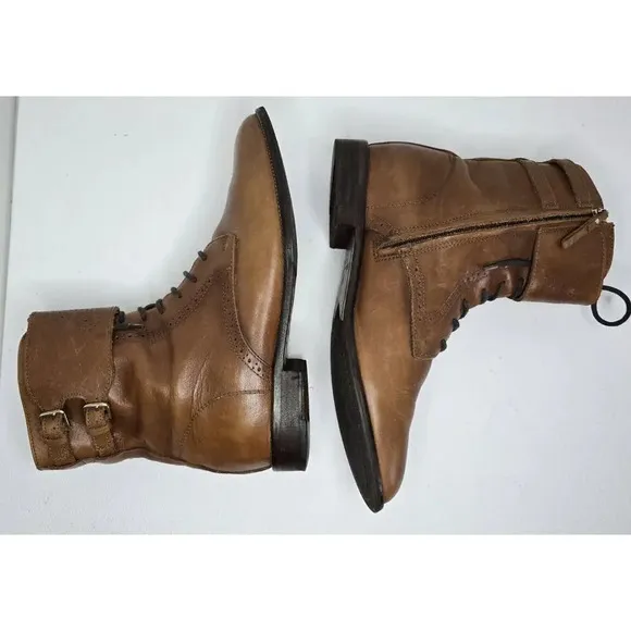 Women's Massimo Dutti Tan leather Combat Moto Boots Buckles US 10 Euro 41