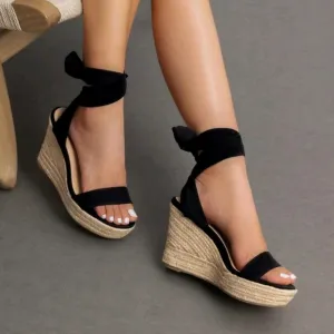 Womens Open Toe Espadrilles Wedges Tie Lace Up Cute Ankle Strap Platform