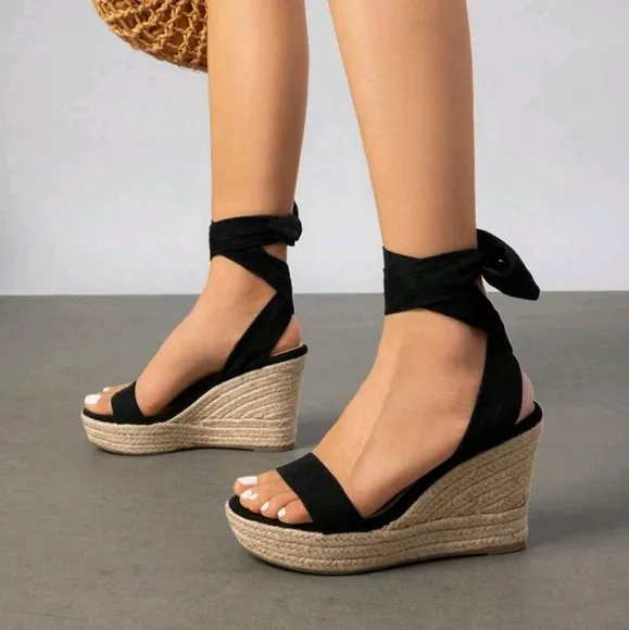 Womens Open Toe Espadrilles Wedges Tie Lace Up Cute Ankle Strap Platform