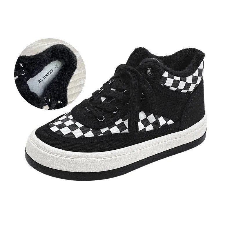 Womens Plaid Fleece Warm Canvas Shoes