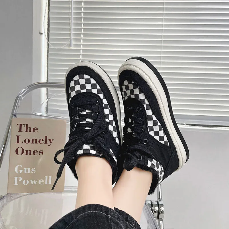 Womens Plaid Fleece Warm Canvas Shoes