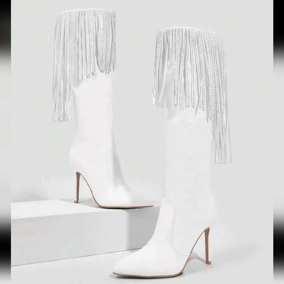 Women's Pointy Toe High Heel Fringed Rhinestone Side Zipper Over-The-Knee Boots