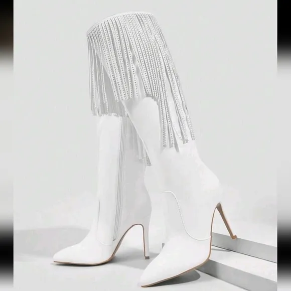 Women's Pointy Toe High Heel Fringed Rhinestone Side Zipper Over-The-Knee Boots