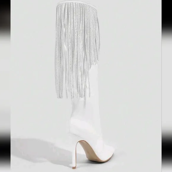 Women's Pointy Toe High Heel Fringed Rhinestone Side Zipper Over-The-Knee Boots