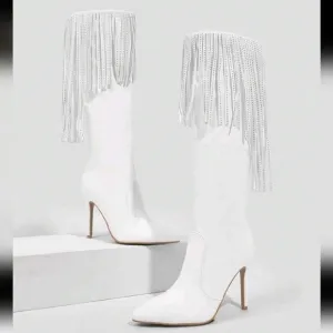 Women's Pointy Toe High Heel Fringed Rhinestone Side Zipper Over-The-Knee Boots