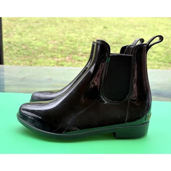 Women's Ralph Lauren Tally Bo Rubber Ankle Rain Boots Black Size 9B