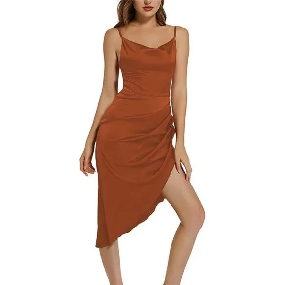 Women's Satin Wrap Ruched Dress, Solid Brown