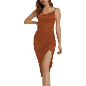 Women's Satin Wrap Ruched Dress, Solid Brown