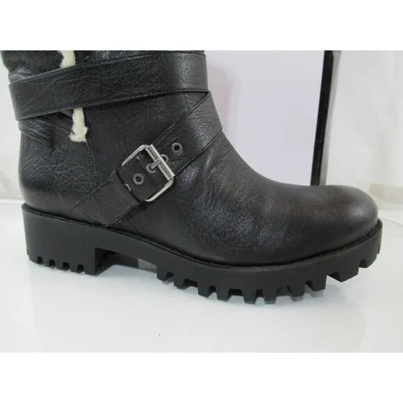 Women's Shoes Nine West Olwyn Motorcycle Ankle Boots Leather Black Size 10