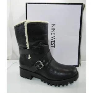 Women's Shoes Nine West Olwyn Motorcycle Ankle Boots Leather Black Size 10