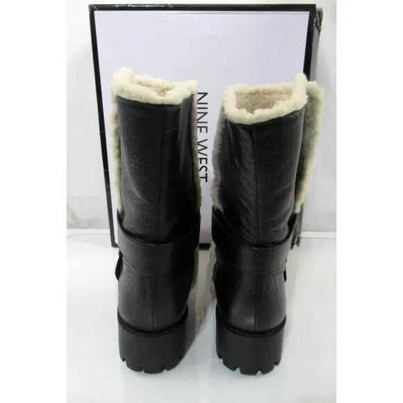 Women's Shoes Nine West Olwyn Motorcycle Ankle Boots Leather Black Size 10