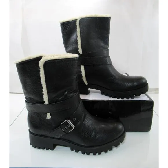 Women's Shoes Nine West Olwyn Motorcycle Ankle Boots Leather Black Size 10
