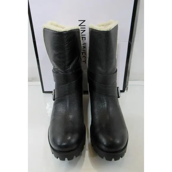 Women's Shoes Nine West Olwyn Motorcycle Ankle Boots Leather Black Size 10