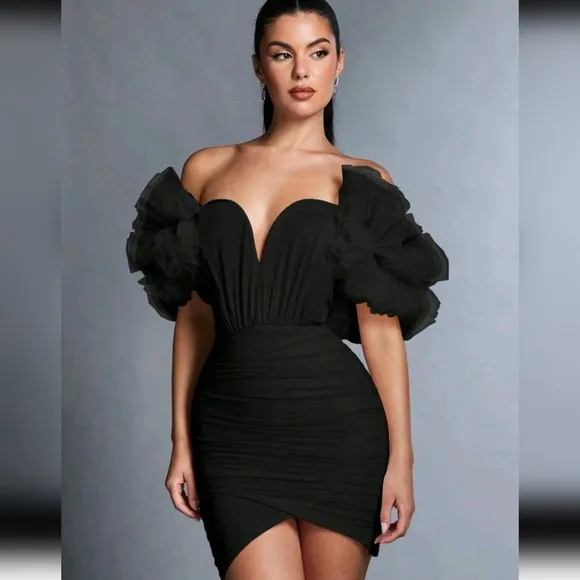 Women's Solid Color Off Shoulder Mesh Ruffle Trim Wrap Dress