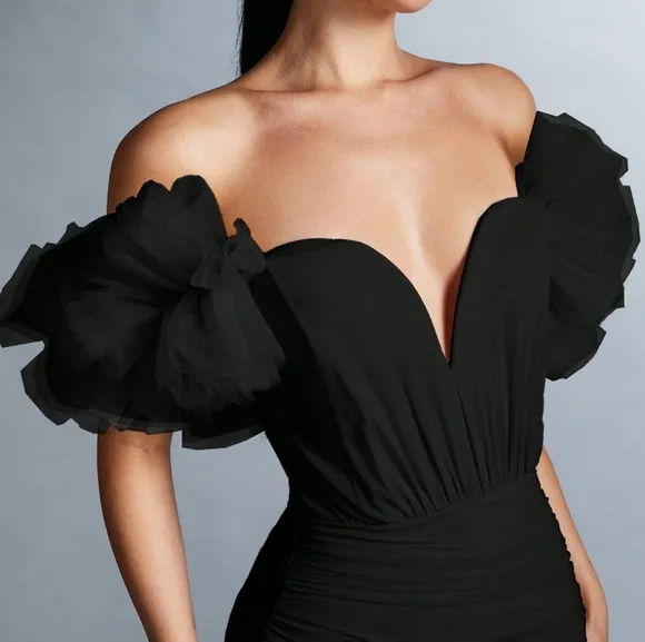 Women's Solid Color Off Shoulder Mesh Ruffle Trim Wrap Dress