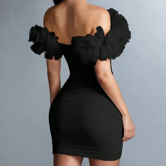 Women's Solid Color Off Shoulder Mesh Ruffle Trim Wrap Dress