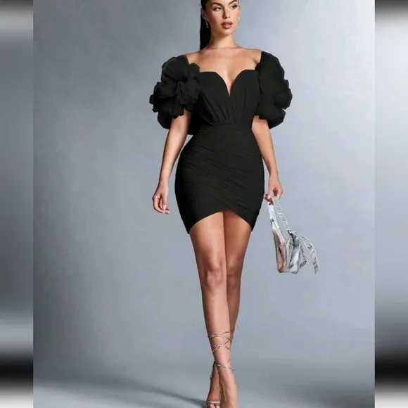Women's Solid Color Off Shoulder Mesh Ruffle Trim Wrap Dress