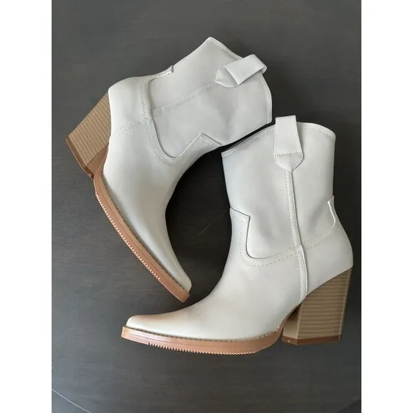 Womens Western Cowboy Boots Chunky Mid Prom Boot beige 8.5 US gift REITOYE