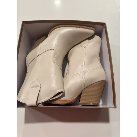 Womens Western Cowboy Boots Chunky Mid Prom Boot beige 8.5 US gift REITOYE