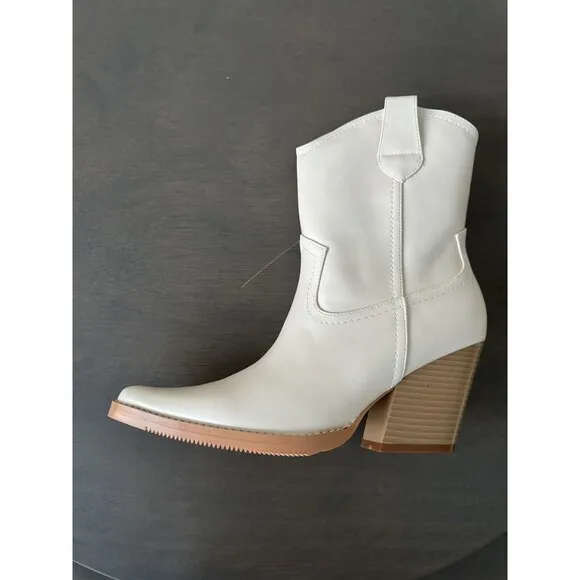 Womens Western Cowboy Boots Chunky Mid Prom Boot beige 8.5 US gift REITOYE