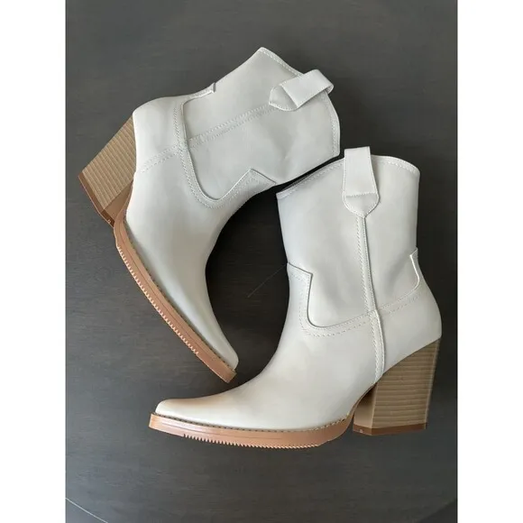 Womens Western Cowboy Boots Chunky Mid Prom Boot beige 8.5 US gift REITOYE