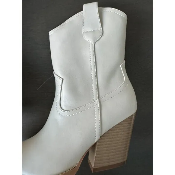 Womens Western Cowboy Boots Chunky Mid Prom Boot beige 8.5 US gift REITOYE
